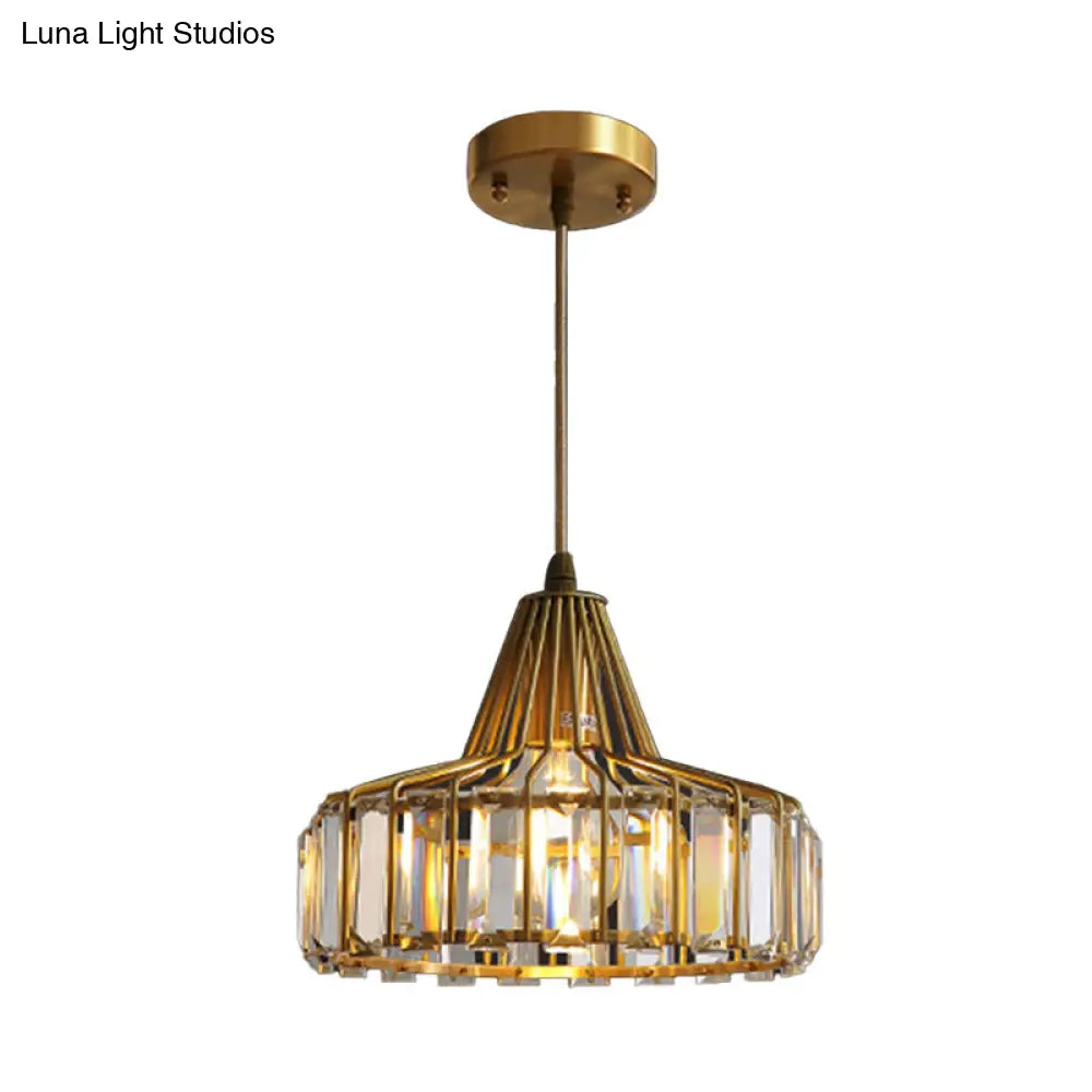 Contemporary Crystal Block Drum Pendant Light - Gold, 1 Light, 10"/14" Wide