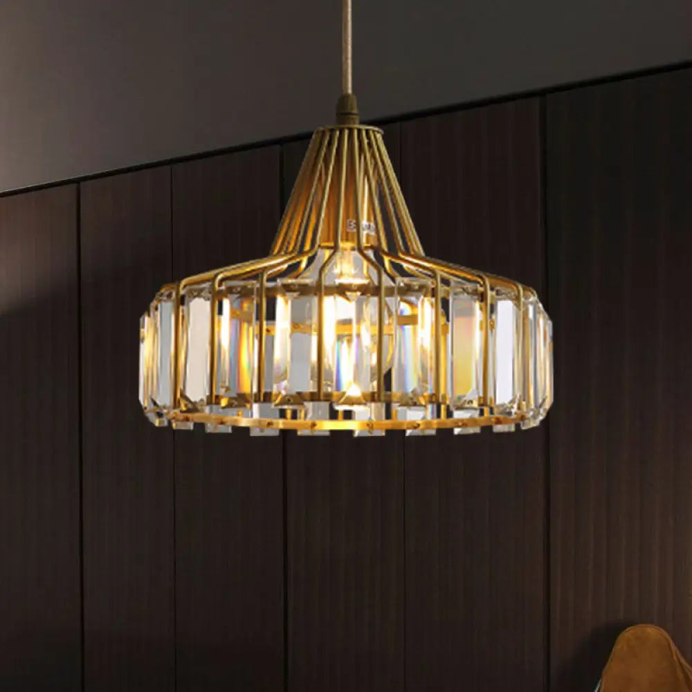 Contemporary Crystal Block Drum Pendant Light - Gold, 1 Light, 10"/14" Wide