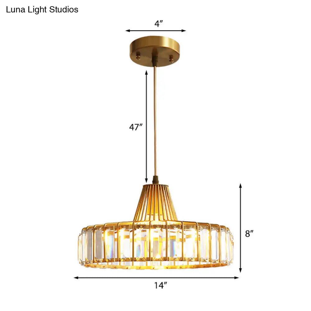 Contemporary Crystal Block Drum Pendant Light - Gold, 1 Light, 10"/14" Wide