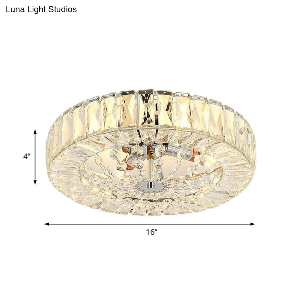 Lámpara de techo DecorBites™ contemporánea con bloque de cristal, LED y acabado cromado - Luz de montaje empotrado tipo tambor, 16"/23.5" de ancho