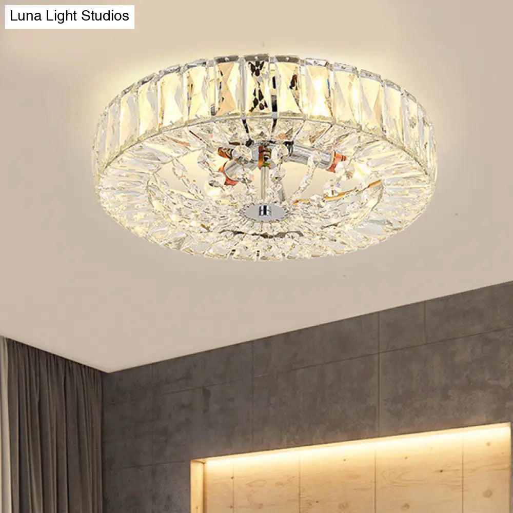 Lámpara de techo DecorBites™ contemporánea con bloque de cristal, LED y acabado cromado - Luz de montaje empotrado tipo tambor, 16"/23.5" de ancho