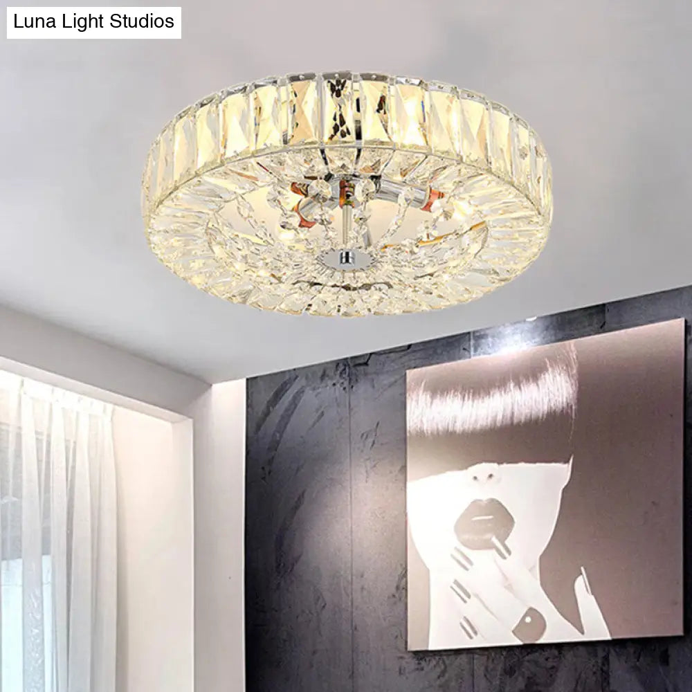 Lámpara de techo DecorBites™ contemporánea con bloque de cristal, LED y acabado cromado - Luz de montaje empotrado tipo tambor, 16"/23.5" de ancho
