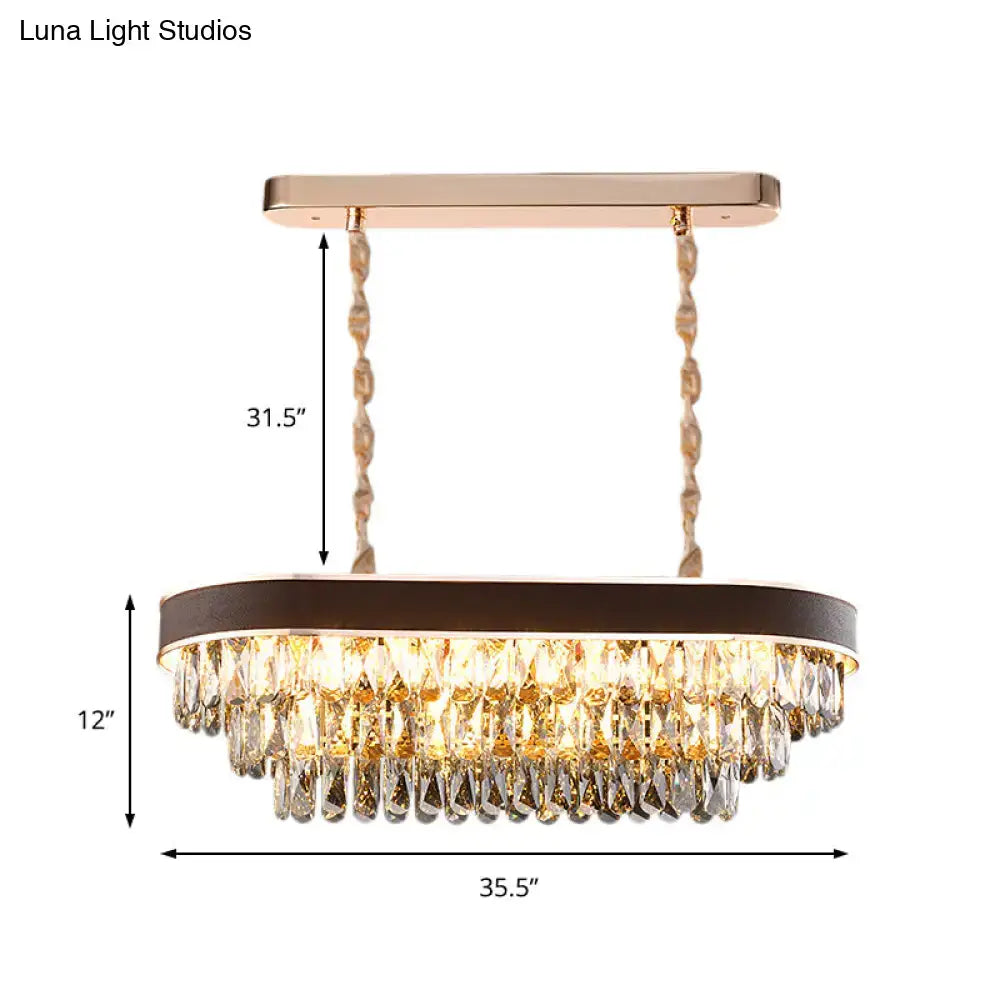 Contemporary crystal block oval island lamp light fixture with gold-toned frame clear crystal droplets and dark brown band