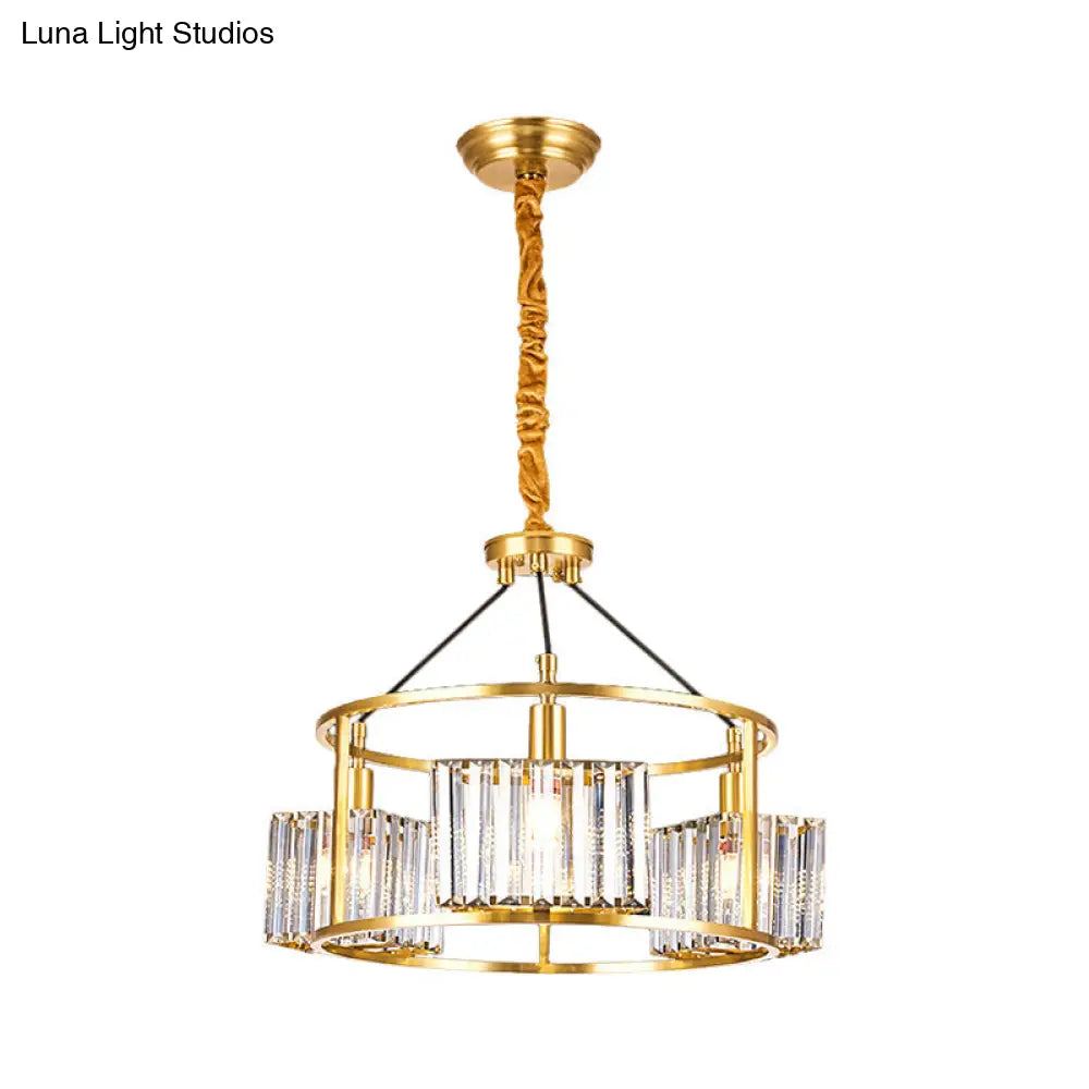 Contemporary Crystal Blocks Clear Chandelier with Metal Frame - 3 Heads Gold Hanging Drum Light Kit