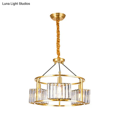 Contemporary Crystal Blocks Clear Chandelier with Metal Frame - 3 Heads Gold Hanging Drum Light Kit