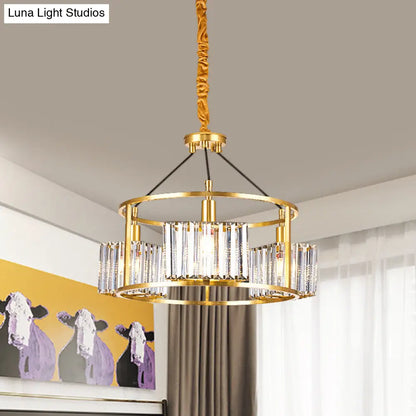 Contemporary Crystal Blocks Clear Chandelier with Metal Frame - 3 Heads Gold Hanging Drum Light Kit