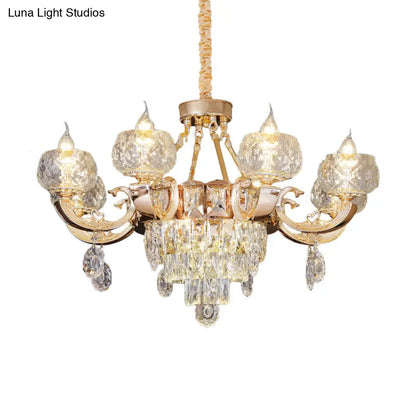 Contemporary Crystal Chandelier Lamp - 6/8 Bulbs Gold Drop Pendant with Clear Bowl Shade and Candle Design