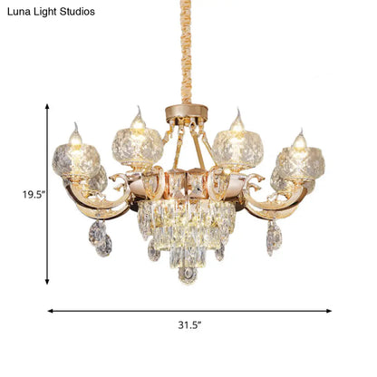 Contemporary Crystal Chandelier Lamp - 6/8 Bulbs Gold Drop Pendant with Clear Bowl Shade and Candle Design