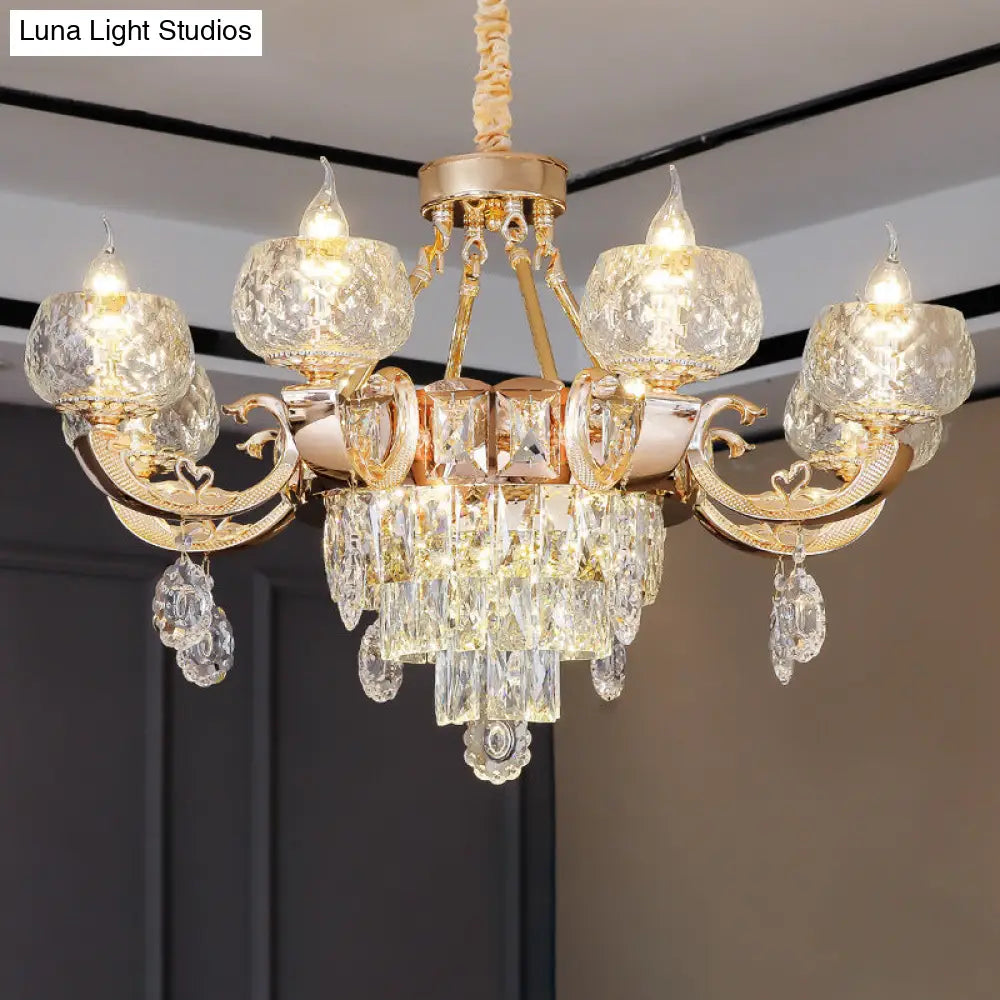 Contemporary Crystal Chandelier Lamp - 6/8 Bulbs Gold Drop Pendant with Clear Bowl Shade and Candle Design