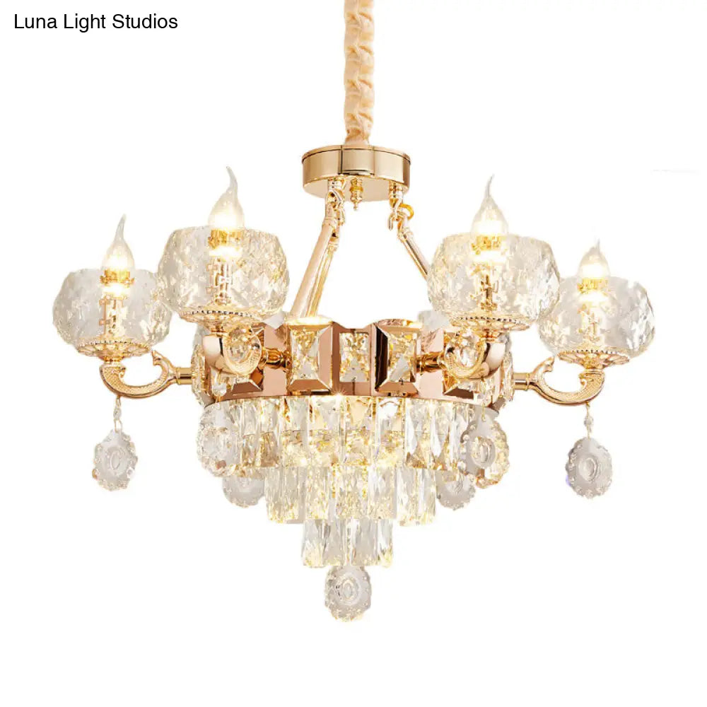 Contemporary Crystal Chandelier Lamp - 6/8 Bulbs Gold Drop Pendant with Clear Bowl Shade and Candle Design