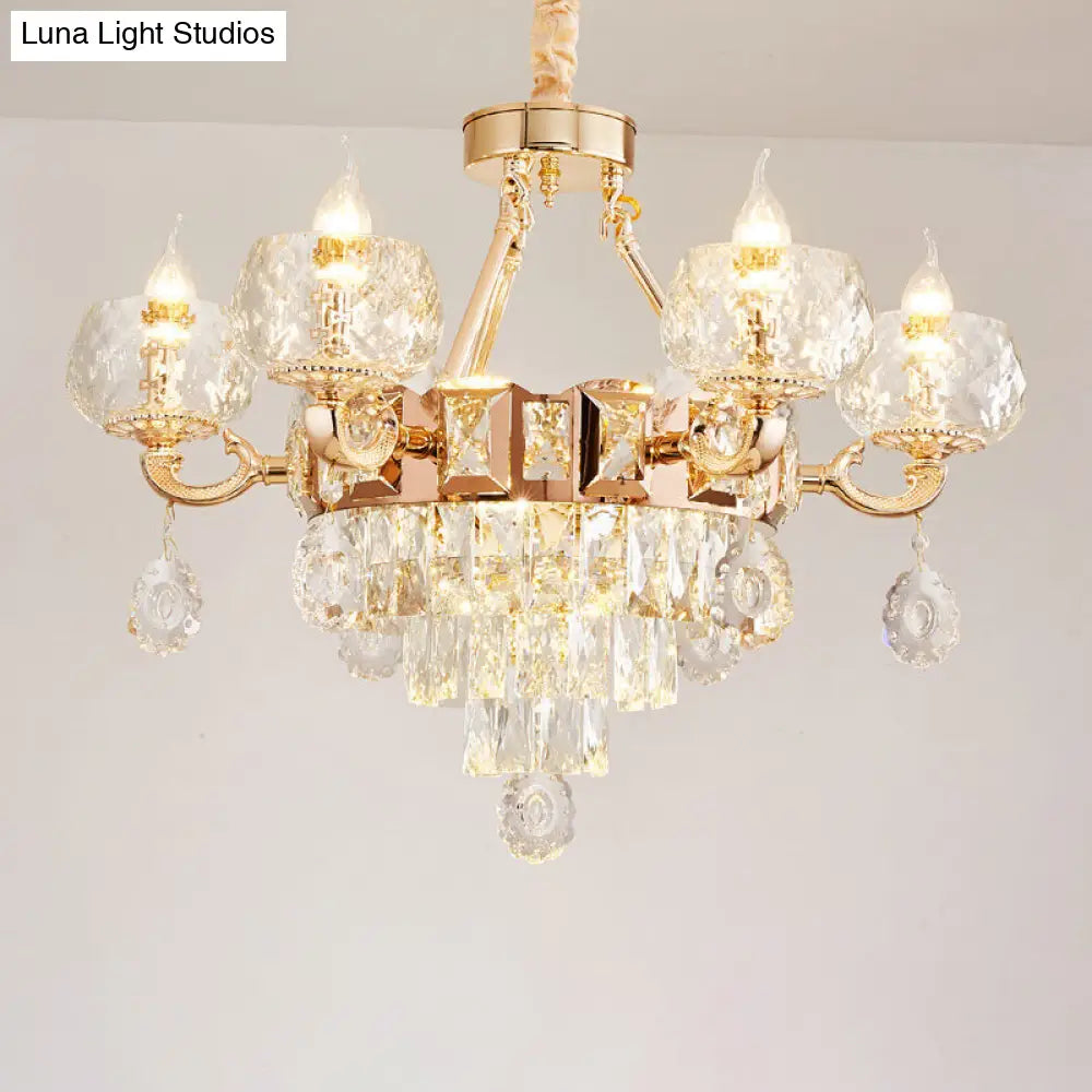 Contemporary Crystal Chandelier Lamp - 6/8 Bulbs Gold Drop Pendant with Clear Bowl Shade and Candle Design