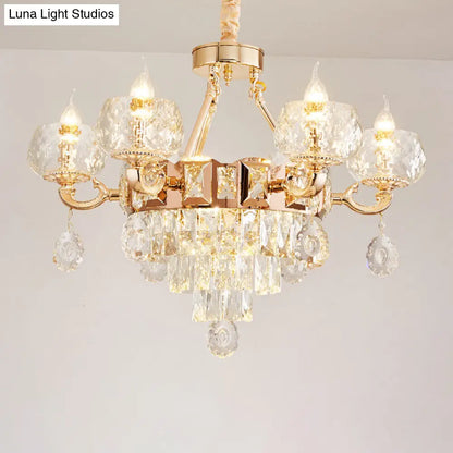 Contemporary Crystal Chandelier Lamp - 6/8 Bulbs Gold Drop Pendant with Clear Bowl Shade and Candle Design