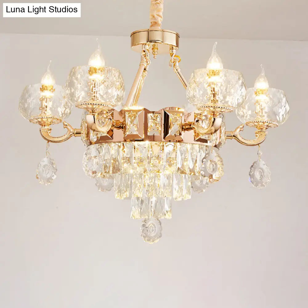 Contemporary Crystal Chandelier Lamp - 6/8 Bulbs Gold Drop Pendant with Clear Bowl Shade and Candle Design