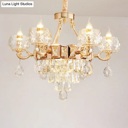 Contemporary Crystal Chandelier Lamp - 6/8 Bulbs Gold Drop Pendant with Clear Bowl Shade and Candle Design