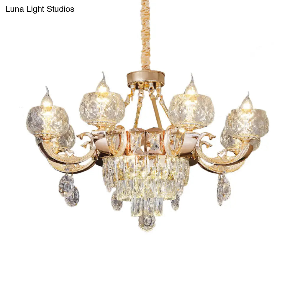 Contemporary Crystal Chandelier Lamp - 6/8 Bulbs Gold Drop Pendant with Clear Bowl Shade and Candle Design