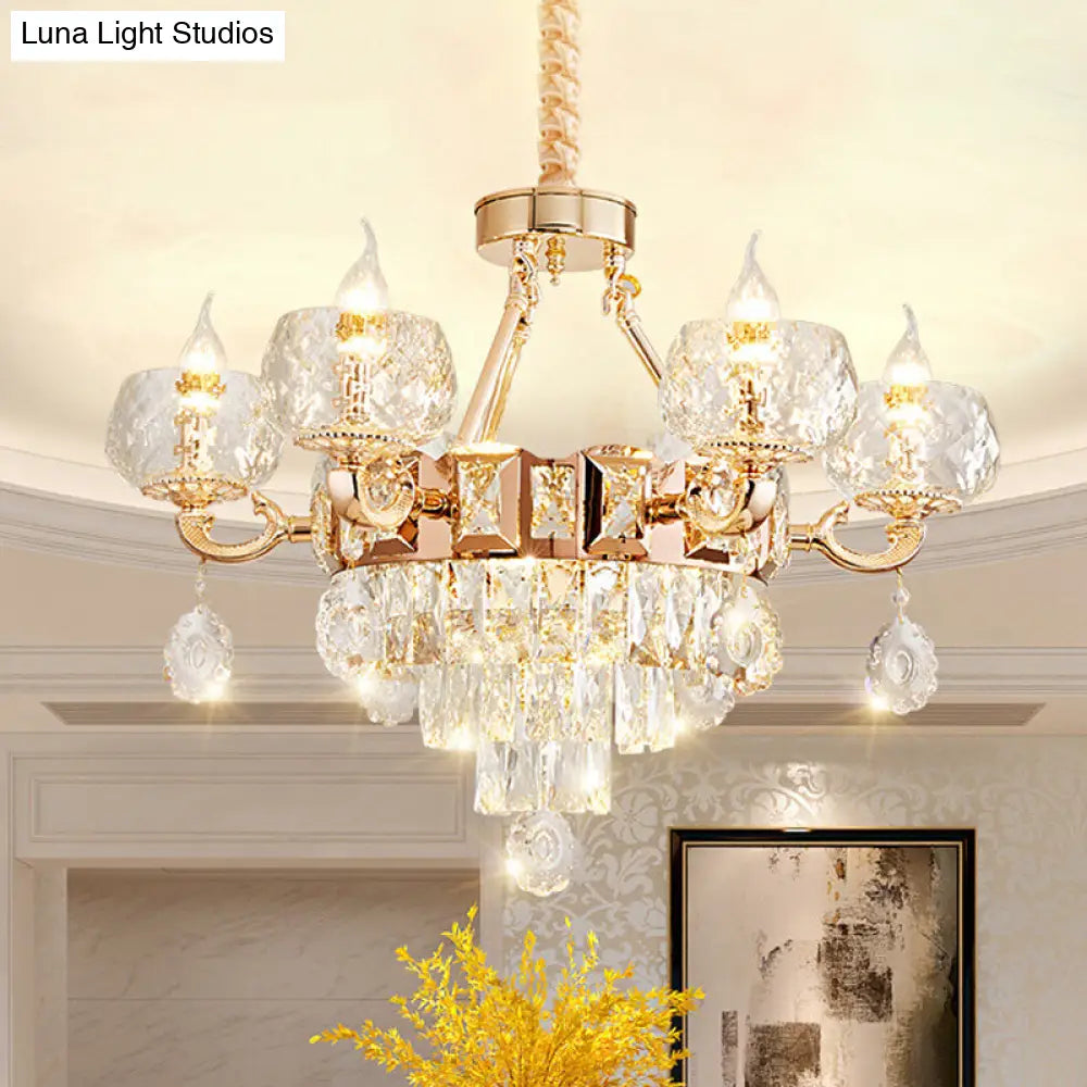Contemporary Crystal Chandelier Lamp - 6/8 Bulbs Gold Drop Pendant with Clear Bowl Shade and Candle Design