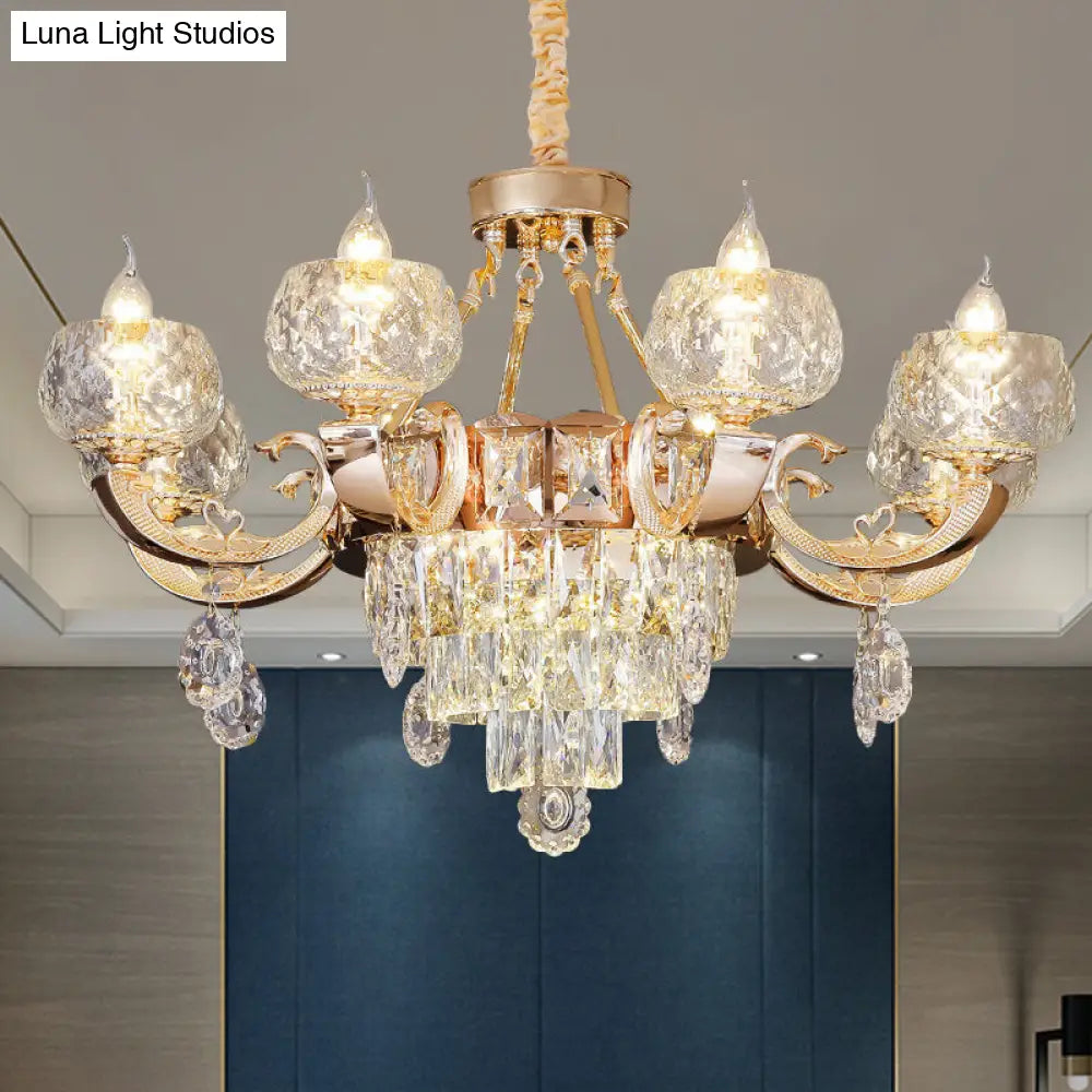 Contemporary Crystal Chandelier Lamp - 6/8 Bulbs Gold Drop Pendant with Clear Bowl Shade and Candle Design