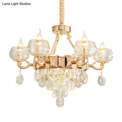 Contemporary Crystal Chandelier Lamp - 6/8 Bulbs Gold Drop Pendant with Clear Bowl Shade and Candle Design