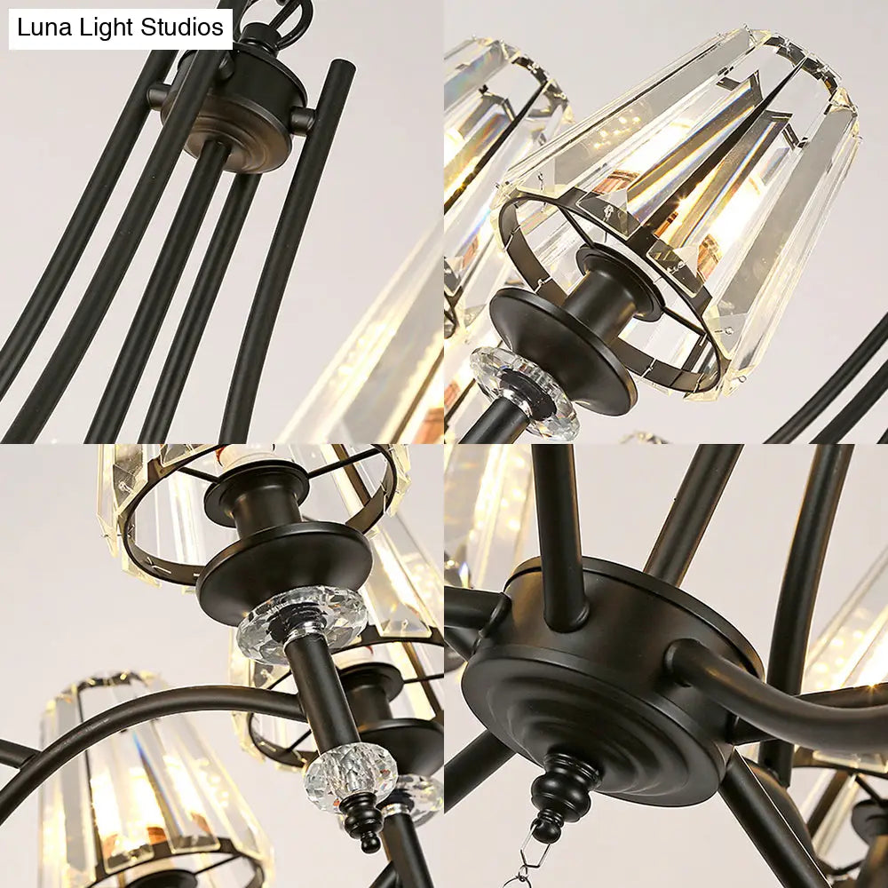 Lámpara colgante de araña de cristal contemporánea - Diseño cónico, cadena ajustable - 4/6/8 luces, pantalla negra