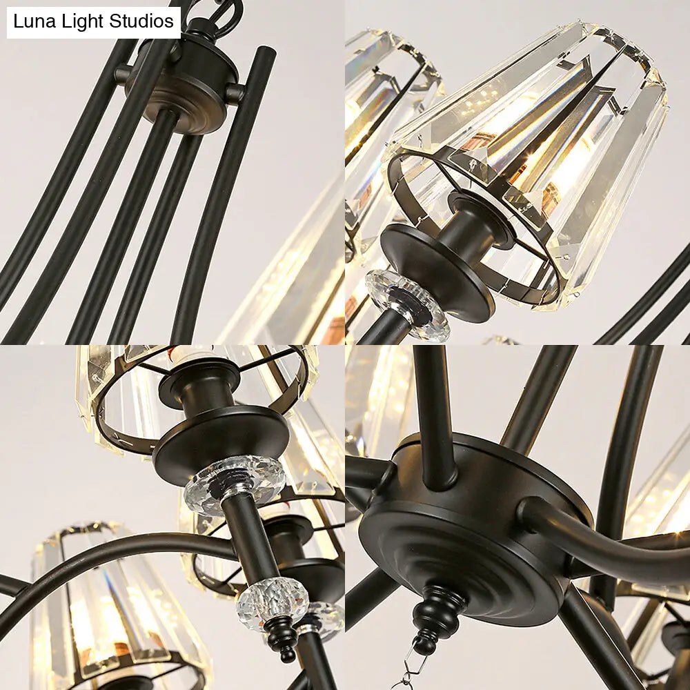 Lámpara colgante de araña de cristal contemporánea - Diseño cónico, cadena ajustable - 4/6/8 luces, pantalla negra