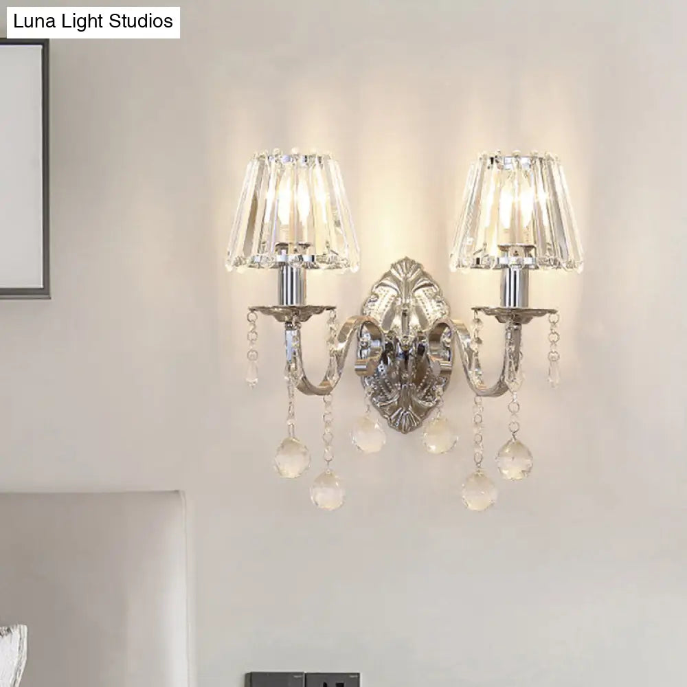 Contemporary Crystal Cone Wall Light Kit - Chrome Sconce with Drops, 1/2-Light Fixture
