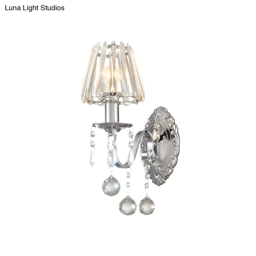 Contemporary Crystal Cone Wall Light Kit - Chrome Sconce with Drops, 1/2-Light Fixture
