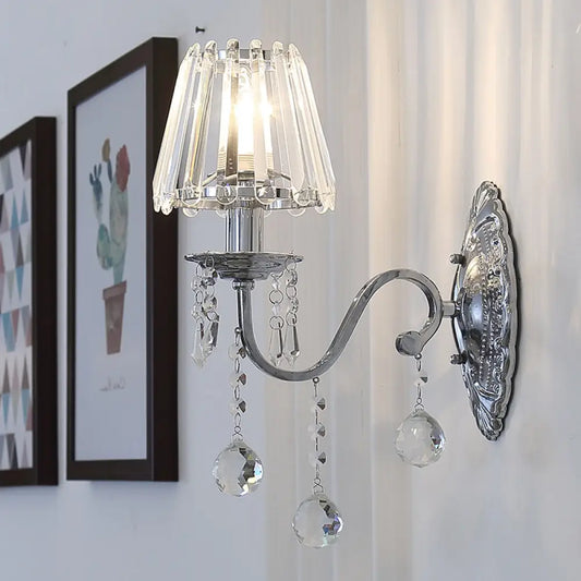 Contemporary Crystal Cone Wall Light Kit - Chrome Sconce with Drops, 1/2-Light Fixture