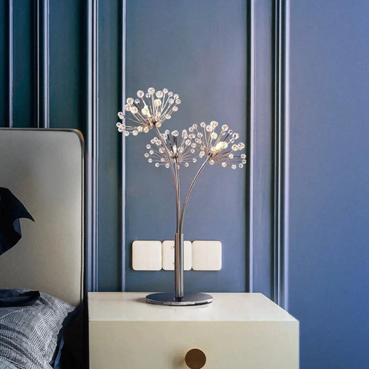 Contemporary Crystal Dandelion Table Lamp - Silver, 1-Light Bedside Nightstand Light