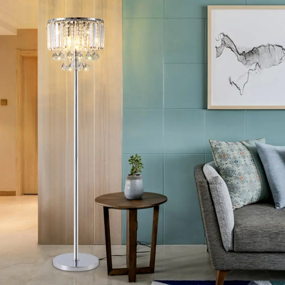 Contemporary Crystal Draping Floor Lamp - Sleek Chrome Finish | Ideal for Great Room Reading