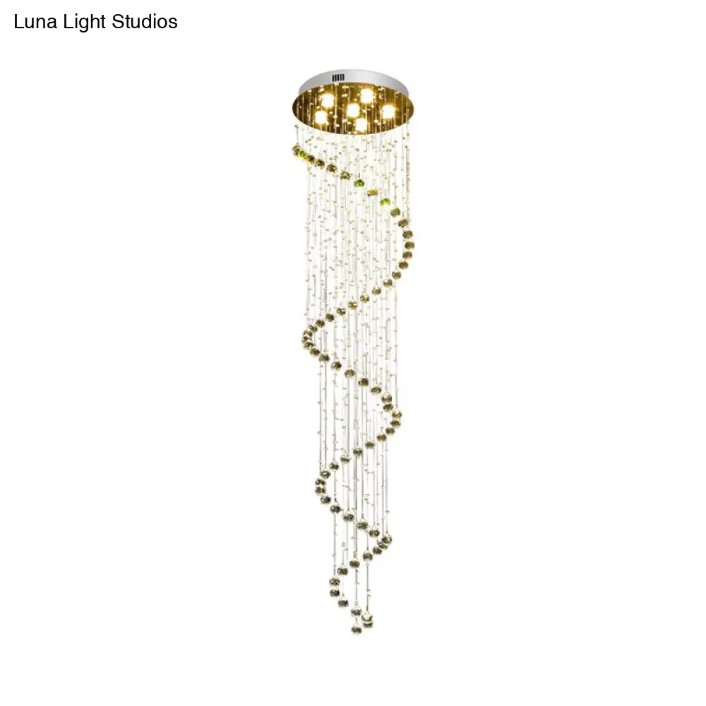 Contemporary Crystal Gold Pendant with LED Spiral 6-Head Multi Light Hanging Lamp