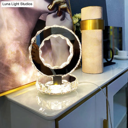 Contemporary Crystal LED Bedside Lamp in Chrome - Ferris Wheel-inspired Table Light with Warm/White Glow