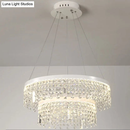 Contemporary Crystal LED Chandelier Lamp with Dual-Tiered Ring Design – Silver Suspension Lighting in Warm/White Light