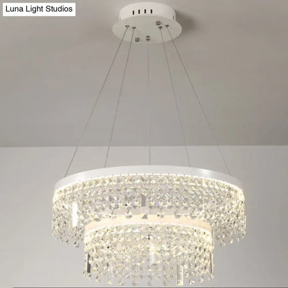 Contemporary Crystal LED Chandelier Lamp with Dual-Tiered Ring Design – Silver Suspension Lighting in Warm/White Light