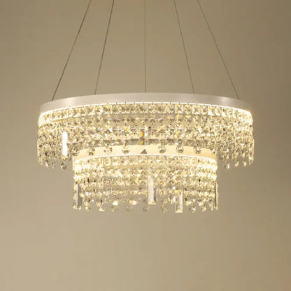 Contemporary Crystal LED Chandelier Lamp with Dual-Tiered Ring Design – Silver Suspension Lighting in Warm/White Light