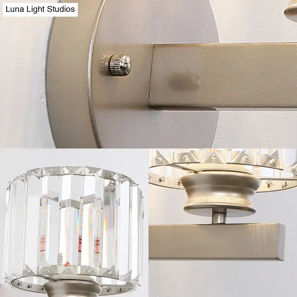 Contemporary Crystal Nickel Drum Sconce Light for Bedroom Wall"