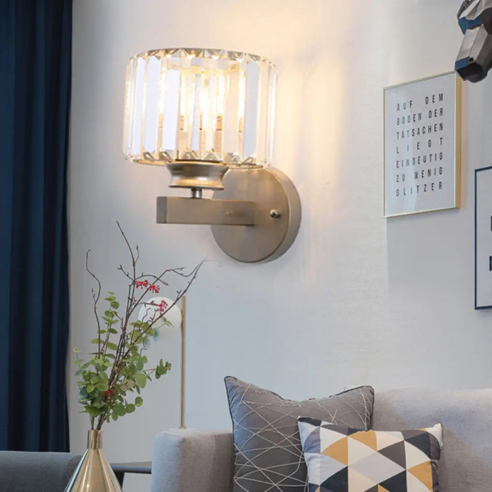 Contemporary Crystal Nickel Drum Sconce Light for Bedroom Wall"