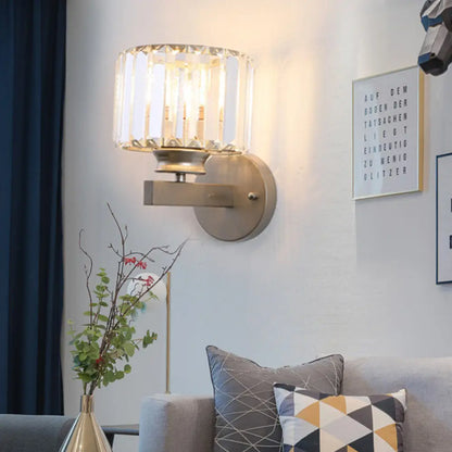 Contemporary Crystal Nickel Drum Sconce Light for Bedroom Wall"