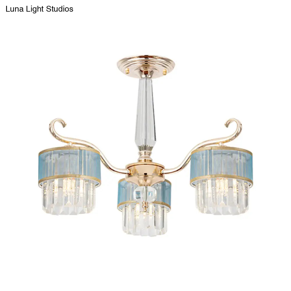 Contemporary Crystal Prisms Gold Cylinder Chandelier - 3 Lights - Pendant Ceiling Fixture