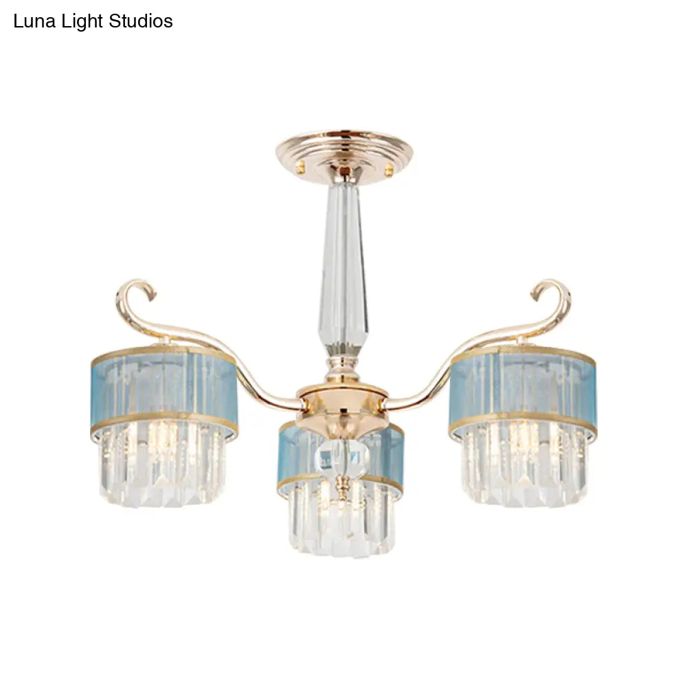 Contemporary Crystal Prisms Gold Cylinder Chandelier - 3 Lights - Pendant Ceiling Fixture