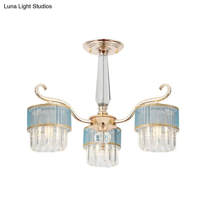 Contemporary Crystal Prisms Gold Cylinder Chandelier - 3 Lights - Pendant Ceiling Fixture