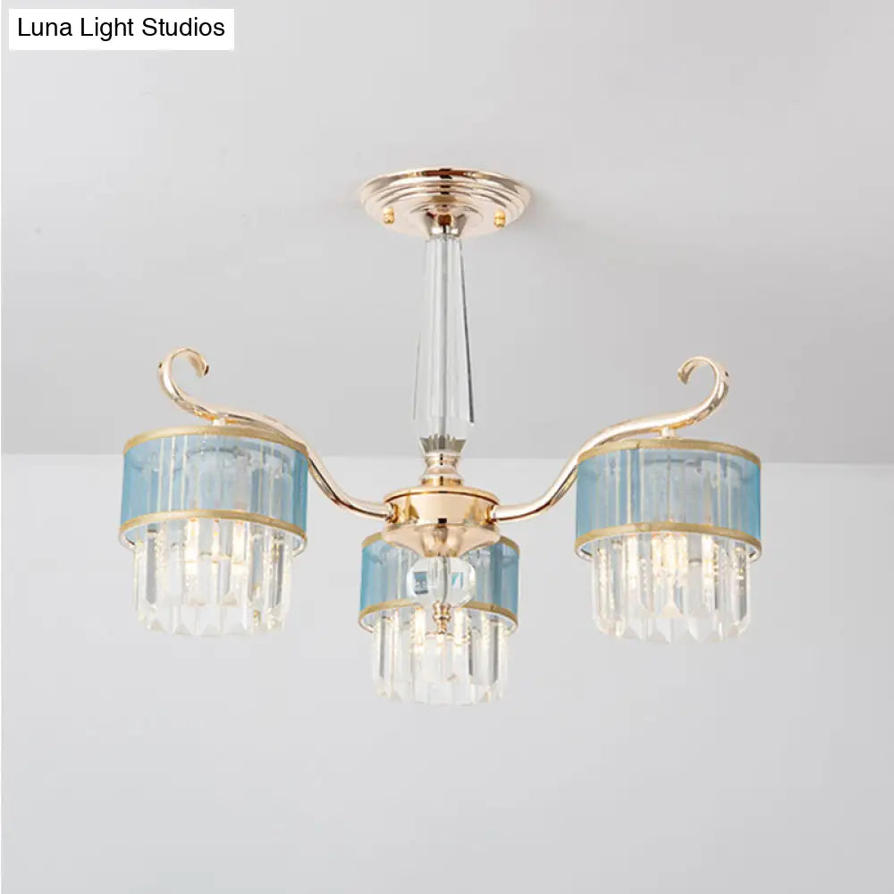 Contemporary Crystal Prisms Gold Cylinder Chandelier - 3 Lights - Pendant Ceiling Fixture
