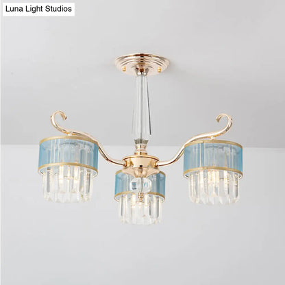 Contemporary Crystal Prisms Gold Cylinder Chandelier - 3 Lights - Pendant Ceiling Fixture