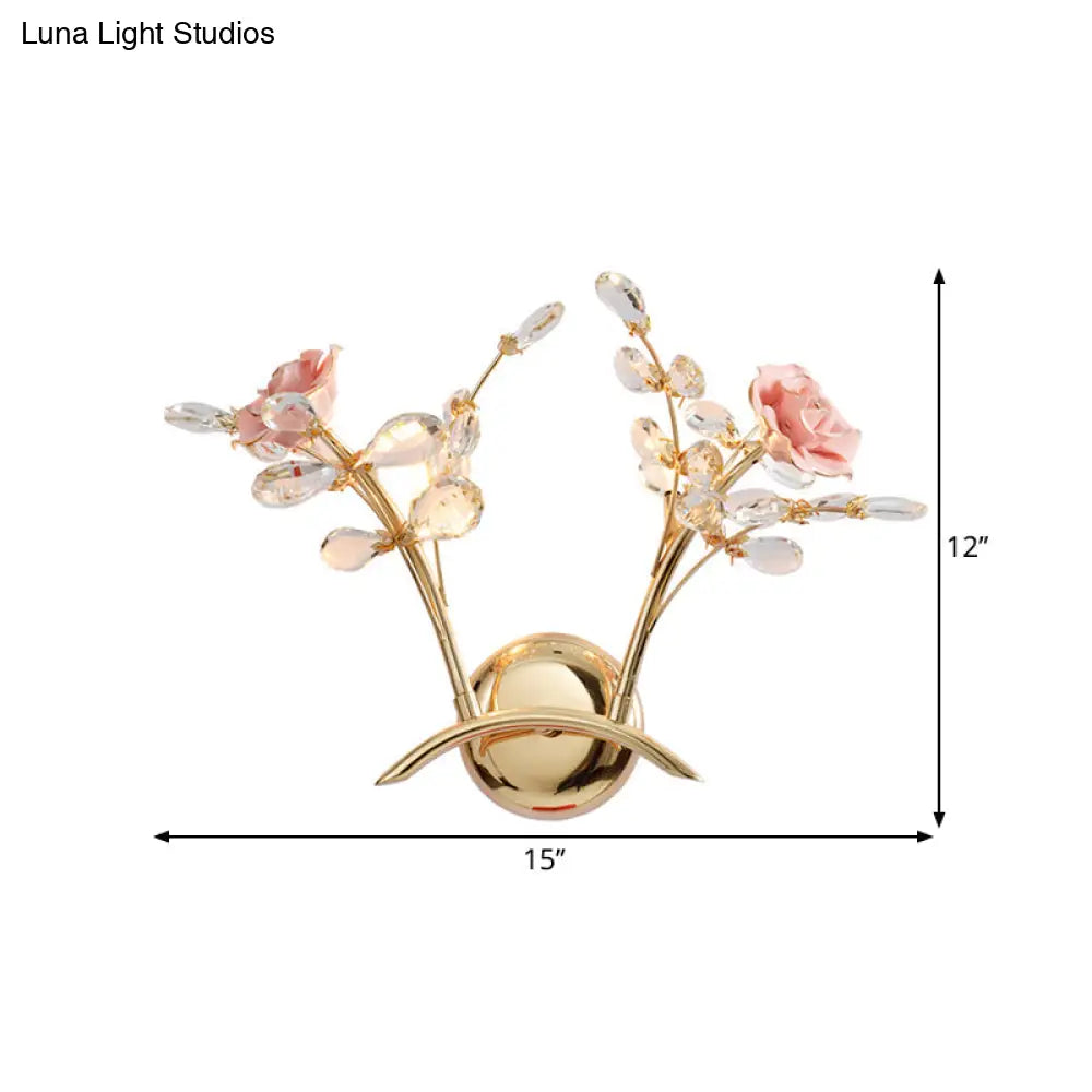 Lámpara de pared DecorBites™ contemporánea con forma de gota de lluvia de cristal y diseño de rosa - Lámpara de pared dorada - 2 cabezales