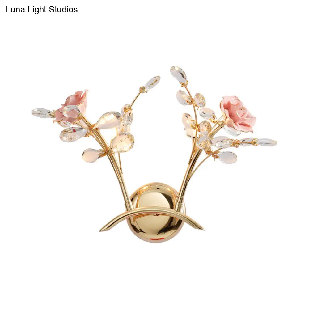 Lámpara de pared DecorBites™ contemporánea con forma de gota de lluvia de cristal y diseño de rosa - Lámpara de pared dorada - 2 cabezales