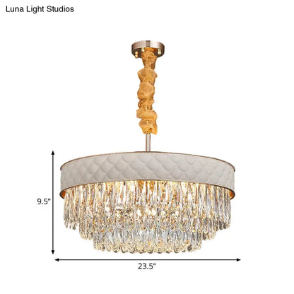 Contemporary Crystal Raindrops Chandelier - White, 9/15 Heads, Drum Ceiling Pendant (19.5"/23.5" Wide)