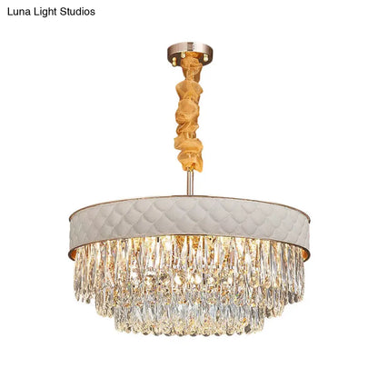 Contemporary Crystal Raindrops Chandelier - White, 9/15 Heads, Drum Ceiling Pendant (19.5"/23.5" Wide)
