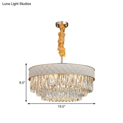 Contemporary Crystal Raindrops Chandelier - White, 9/15 Heads, Drum Ceiling Pendant (19.5"/23.5" Wide)