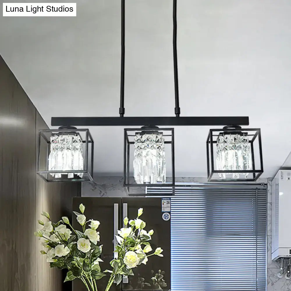 Decorbites contemporary tri-sided crystal rod black metal ceiling light with three crystal chandelier-style island lamp heads
