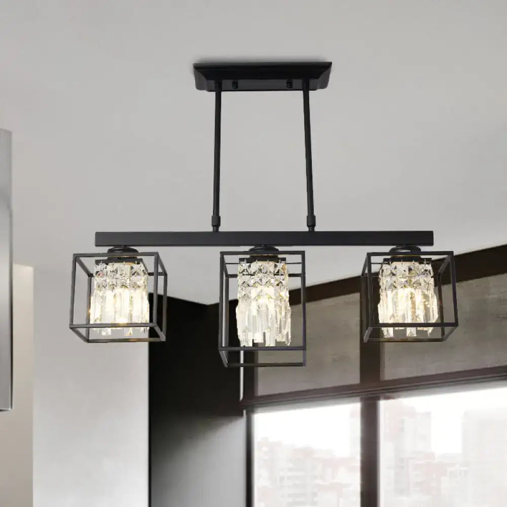 Black metal ceiling light with three crystal-encrusted square cages for contemporary island lamp lighting