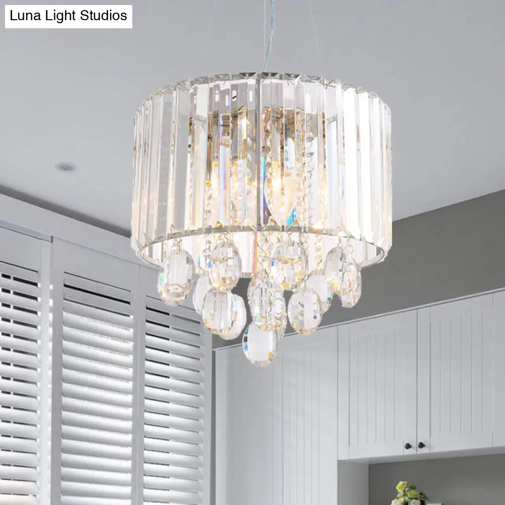 Lámpara colgante de araña contemporánea con varillas de cristal y forma de tambor - 6 cabezas, transparente